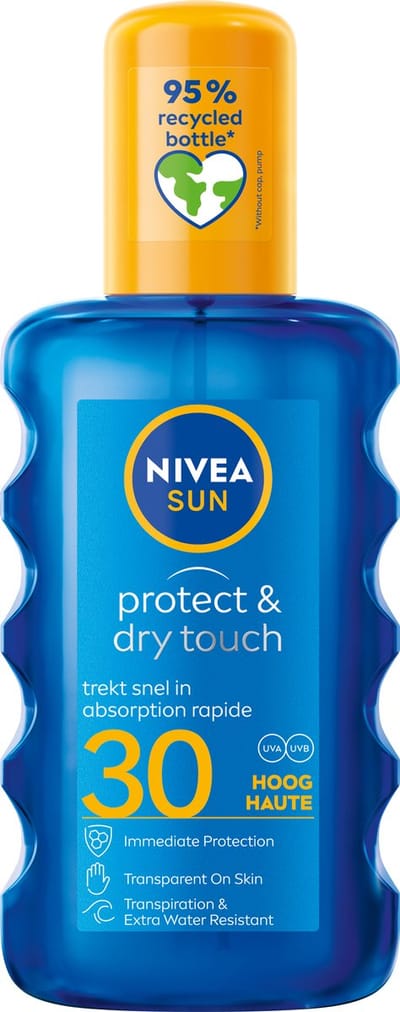 NIVEA SUN Protect & Dry Touch Transparante Zonnebrand Spray - SPF 30 - Sport Zonnespray - Waterproof - Geen witte strepen - 200 ml