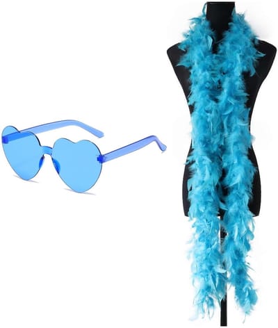 Allecto - Feather Boa Set - Party Accessoires - Hartvormige Zonnebril - 2m Blauw - Feestkleding - Voor Feestjes - Blauw