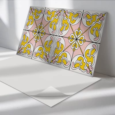 Wallfluent Vinyl Wandpaneel - Bloemenpatroon in tegels Zelfklevende Wandbekleding - 100 cm x 50 cm - Geel Vinyl Wandpaneel - 1 stuk - Rechthoekig Wandbekleding Vinyl - Texturen Wandpaneel - Wandpaneel PVC - Wandpaneel Keuken en Badkamer