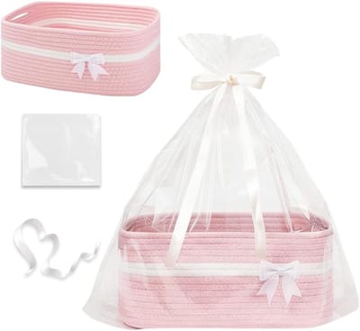 gevlochten roze, stoffen mand met handgrepen, geweven opbergmand, speelgoedmand kinderkamer, cadeaumand leeg presentatiemand, mandenopslag voor badkamer, woonkamer, decoratie, 34 x 15