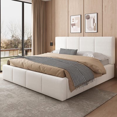 Pugsdrly Gestoffeerd bed, tweepersoonsbed, 180 x 200 cm, bed met lattenbodem, hoofdeinde, gestoffeerd hoofdeinde, beige bouclé