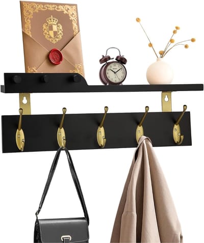 HEZIVO® Kapstok Hangend met Plank - Wandkapstok met Hoedenplank - 5 Dubbele Haken - Goud en Zwart