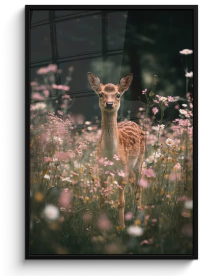 Poster in lijst - Fotolijst 80x120 cm - Posters - Hert - Wilde bloemen - Bos - Posterlijst zwart - Decoratie - Wanddecoratie woonkamer - Muurdecoratie slaapkamer