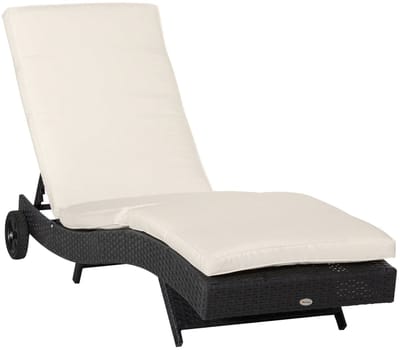 Delightness Ligbed - Tuinbed - S Vormig - Verstelbaar - Met Wielen - Buiten - Tuinmeubel - Tuin - Rotan - Beige Kussen - Zwart