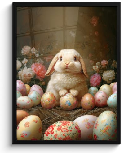 Poster in lijst - Fotolijst 50x70 cm - Posters - Konijn - Paaseieren - Stilleven - Posterlijst zwart - Decoratie - Wanddecoratie woonkamer - Muurdecoratie slaapkamer