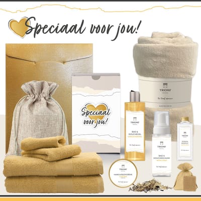 Geschenkset “Speciaal voor jou!” - 11 producten - 1660 gram | Triomf Original - Giftset voor haar Cadeau Valentijnsdag Luxe wellness cadeaubox Vrouw Ik hou van jou Cadeaupakket Kerst Geschenk Moeder Verjaardag Gift Set Valentijn Vriendin Geel Crème
