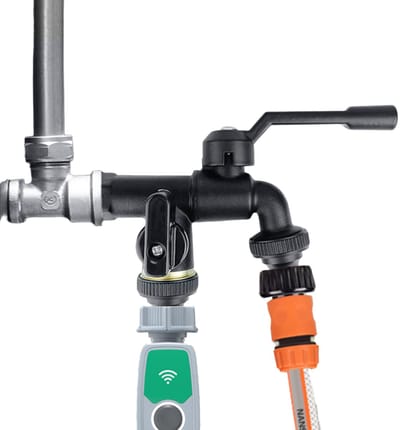 Dubbele Uitlaat Tuinkraan, Buiten Dubbele Kranen Waterkraan met 1/2 Inlaat en 2 X3/4 Inch Uitlaataansluiting, Roestvrijstalen Messing Slang Splitter 2-Weg voor Tuin Huishoudelijke Industrie