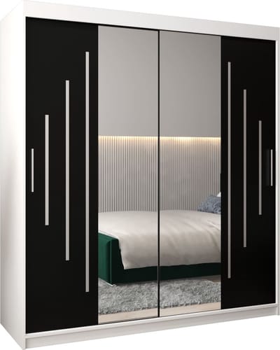 InspireMe - Kledingkast met 2 schuifdeuren, Modern-stijl, Een kledingkast met planken en een spiegel (BxHxD): 180x200x62 - MALTESE I 180 Wit Mat + Zwart