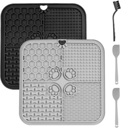 Famanu – 2 stuks likmat voor katten, 20 x 20 cm, likmat voor hond met zuignappen, voedermat voor boter, yoghurt, hondenspeelgoed, voor langzaam eten, met spatel