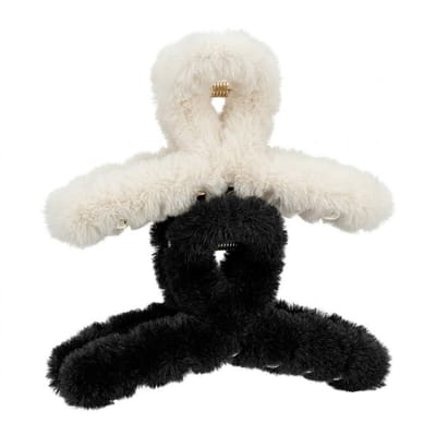 Set van 2 pluizige haar clips – wit en zwart – dames – fluffy kunststof haar klemmen – zachte faux fur haar accessoires
