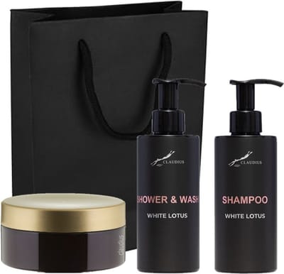 Douchepakket White Lotus - Shower & Wash + Shampoo + Scrubzout 300 gram - 300 ml per fles - set van 3 stuks - met luxe gift tas - cadeau - giftset voor hem en haar