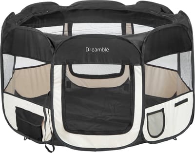 Dreamble® | Puppyren | Hondenren | Zwart | (B) 91 x (H) 61 cm | Opvouwbaar | Extra dik gaas - tegen scherpe nagels | 2 In-uitgangen met rits, oprolbaar | 3 pockets | 4 tentharingen en 4 lusjes | Gaasdak met rits | Draagtas met riem | Pop-up systeem