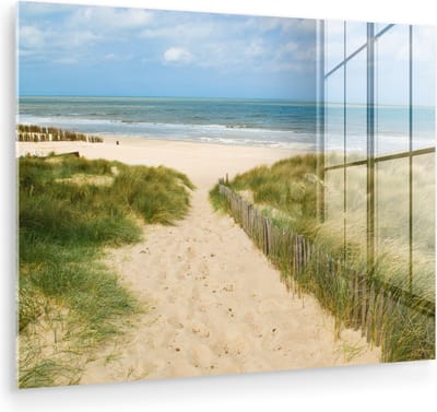 MuchoWow® Glasschilderij 160x120 cm - Schilderij acrylglas - Strand - Zee - Duin - België - Foto op glas - Muurdecoratie woonkamer - Wanddecoratie slaapkamer - Schilderijen