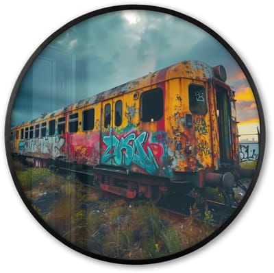 Poster in lijst Rond - Fotolijst 60x60 cm - Posters - Graffiti - Verlaten trein - Street art - Ronde posterlijst zwart - Decoratie - Wanddecoratie woonkamer - Muurdecoratie slaapkamer