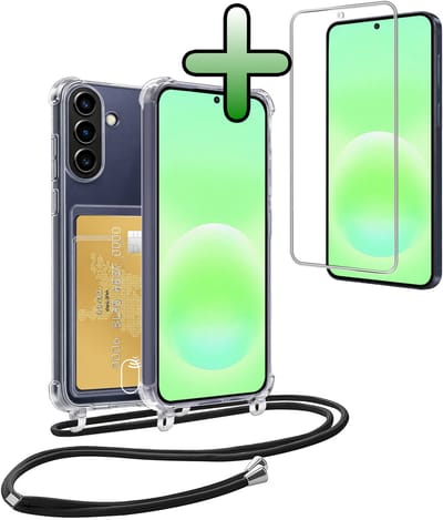 Hoes Geschikt voor Samsung A57 Hoesje Pas Houder Shock Proof Case Hoes Met Koord Met Screenprotector - Hoesje Geschikt voor Samsung Galaxy A57 Hoes Met Telefoonkoord Pasjeshouder Cover - Transparant
