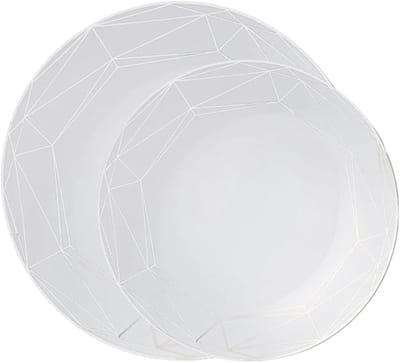 Decorline -32 Elegante Stabiele Herbruikbare Plastic Borden | Metrix Collectie | Wit met zilver rand.Duurzaam serviesset voor voor Kerstmis,Bruiloften, Verjaardagen, Feesten en Evenementen.