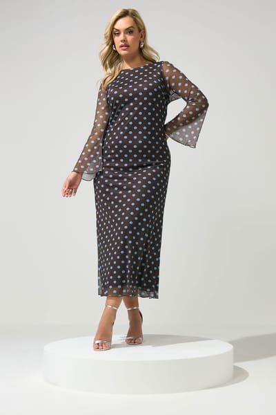 Yours London Chocoladebruine En Blauwe Meshjurk Met Stippen Size 38