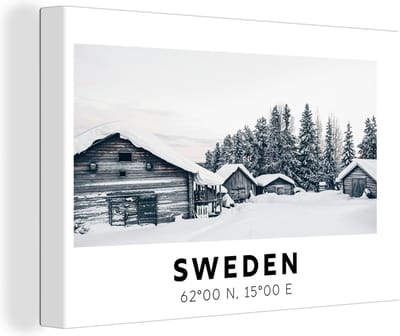 Canvas Schilderij Zweden - Sneeuw - Boom - Scandinavië - 30x20 cm - Wanddecoratie