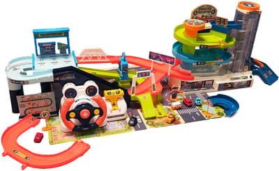 Zoem - 2 in 1 Maxi Garage met werkende lift met 6 auto's - Urban Rail Track - Racebaan - Groot formaat - Geluid en licht - Speelgoed