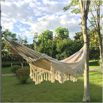 Dubbele Hangmat - Kampeerhangmat Schommelstoel - Ontspannen in de tuin - Macrame Fringe Decoratie - 200x150 cm - Beige