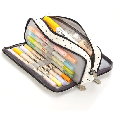 Trousse à crayons grande capacité multi-poches double ouverture sac de papeterie mignon pour étudiant école noir beige