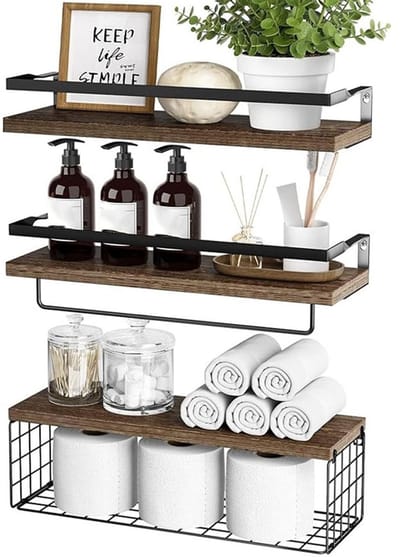 3-delige Wandplankenset van Paulownia Hout & Zwart Metaal – Met Handdoekstang Metalen Draadmand & Wandreling – Zwevend Wandmontage Opbergrek voor Badkamer Woonkamer Keuken & Slaapkamer – Ideaal voor Kruiden Handdoeken Decoratie & Toiletartikelen