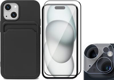 Hoesje Pasjeshouder geschikt voor iPhone 15 - Screenprotector FullGuard + Camera Lens Screen Protector - Siliconen Case Back Cover Zwart