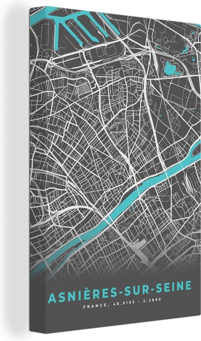 Canvas Schilderij Plattegrond – Asnières-sur-Seine – Stadskaart – Kaart – Frankrijk - 20x30 cm - Wanddecoratie
