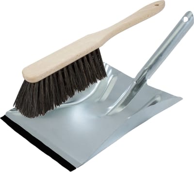 Stoffer en blik van verzinkt metaal/hout/Arenga vezel en lange steel voor binnen