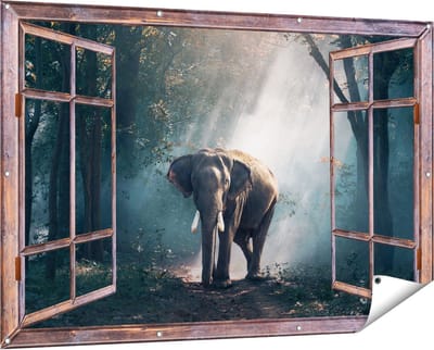 Gards Tuinposter Doorkijk Olifant in het Bos met Zonneschijn - 150x100 cm - Tuindoek - Tuindecoratie - Wanddecoratie buiten - Tuinschilderij
