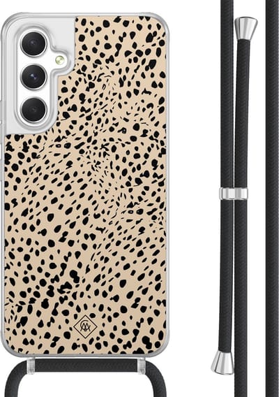 Casimoda® hoesje met koord - Geschikt voor Samsung A54 - Stippen bruin abstract - Afneembaar koord - TPU/acryl - Bruin/beige