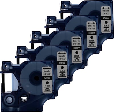 DULA Dymo D1 40922 Compatible label tape - 5 lettertapes Zwart op zilver - 9mm x 7m