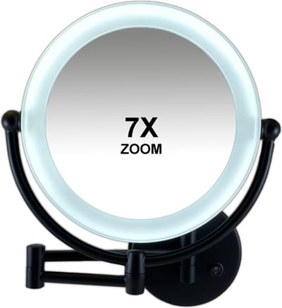 Metalen verlichte Make-up LED Spiegel Mat zwart 7x vergroting 19cm doorsnee, inculsief 4x AA batterijen en USB stroomkabel