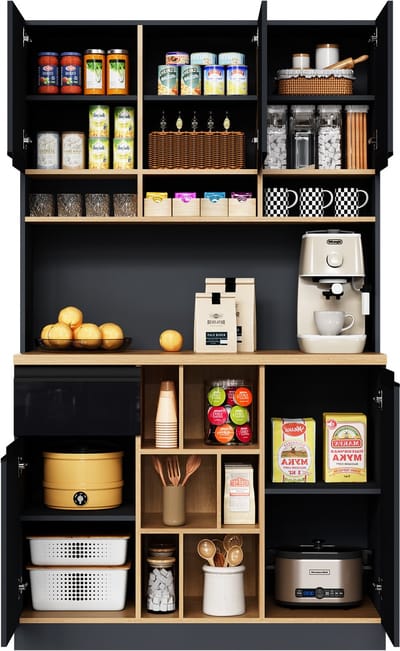 REDOM - Keukenkast - Met Laden En Open Opbergruimte - Modern - MDF - Zwart Met Houten Look - 105 x 45 x 185 cm
