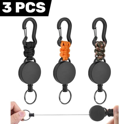 3 stuks - Paracord sleutelhangers met karabijnhaak - Zwart, legergroen camo en oranje - 15 x 3 cm - Uittrekbaar ontwerp - Duurzaam en handig voor outdooractiviteiten, wandelen, kamperen en survival
