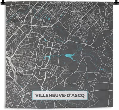 Wandkleed - Wanddoek - Villeneuve-d'Ascq - Plattegrond - Kaart - Stadskaart - Frankrijk - 180x180 cm - Wandtapijt