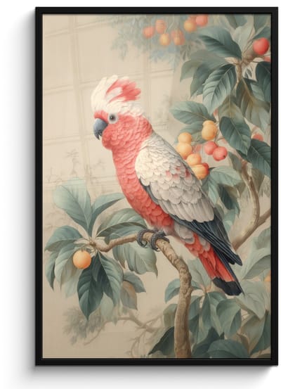 Poster in lijst - Fotolijst 80x120 cm - Posters - Roze kuifkaketoe - Tak met vruchten - Bladeren - Posterlijst zwart - Decoratie - Wanddecoratie woonkamer - Muurdecoratie slaapkamer