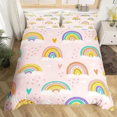 Regenboog Tweepersoons Dekbedovertrek Set voor Meisje Roze Geel Regenboog Ster Dekbedovertrek Vrouwen Kinderen Slaapkamer Decor 135x200cm