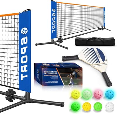 10 FT Mini Draagbare Pickleball Net Apparatuur Set - Tennisnet voor oprit achtertuin, 2 Pickleball Paddles, 8 Pickleballs en Drinkbare Draagtas, Pickleball Net voor Beginner