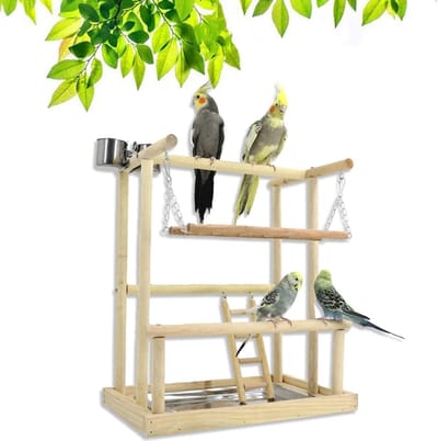 Houten Speelstand voor Papegaaien met RVS Voederbekers, Schommel, Zitstok en Speeltoestel - Ideaal voor Parkieten, 45 x 40 cm