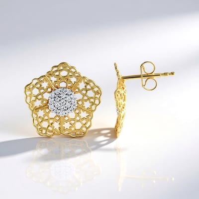 Cavill - 925 Sterling Zilveren Oorbellen - Verguld - Cambodjaanse Zirkoon 0.274 ct - Filigraan Sterpatroon Pavé Oorbellen - 16 mm Elegant Design