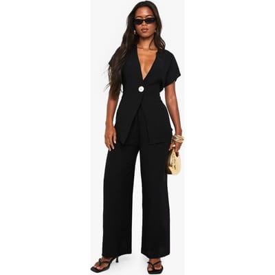 boohoo Dames Linnen-look top met knoopdetail en wijde pijpen broek co-ord | Zwart | Maat: Small/Medium