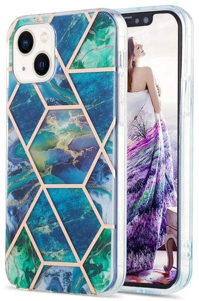 Cityhoesje - iPhone 15 Plus-14 Plus - Splicing Marble Pattern Electroplated - Back Cover - Blauw