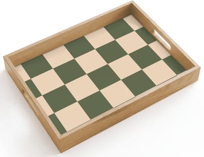 Dienblad hout 40x30 cm - Schootdienblad - Schaakbord print - Groen - Beige - Blokjes - Borrelplank rechthoek - Plateau dienbladen