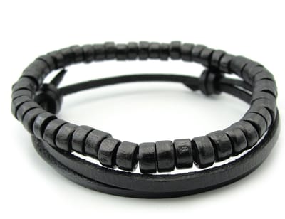 Set van 2 zwarte armbanden voor mannen met houten kralen en leren koord