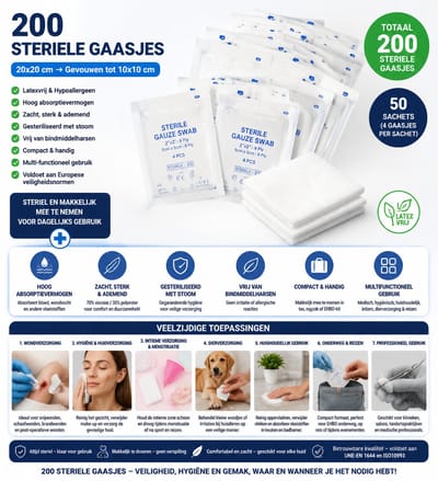 200 STERIELE GAASJES 20X20 CM GEVOUWEN TOT 10X10 CM LATEXVRIJ VERPAKT IN HANDIGE SACHETS MET 4 GAASJES PER SACHET IDEAAL VOOR WONDVERZORGING, HYGIËNE, SCHOONMAKEN EN REIZEN STERIEL EN MAKKELIJK MEE TE NEMEN VOOR DAGELIJKS GEBRUIK TOTAAL 50 SACHETS