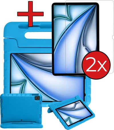 Hoesje - Geschikt voor Apple iPad Air (2024/2025/2026) - 13 inch - Met 2x Screenprotector - Kinderhoes - Shockproof Bumper - Kidsproof Case - Tablethoes - Kinder Hoes Cover - Blauw