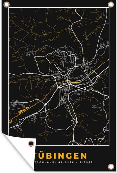 Muurdecoratie Duitsland – Black and Gold – Tübingen – Stadskaart – Kaart – Plattegrond - 120x180 cm - Tuinposter - Tuindoek