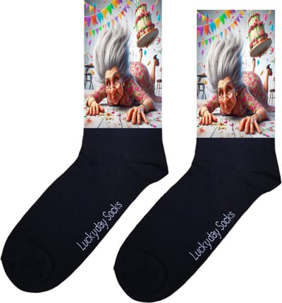 Oma taart sokken - Sarah - Kadootje - jarig - verjaardag sokken - Verjaardag cadeau - Leuke sokken - Vrolijke sokken - Print sokken - Cadeau sokken - LuckyDay Socks - Sokken waar je vrolijk van wordt - Maat 37-44
