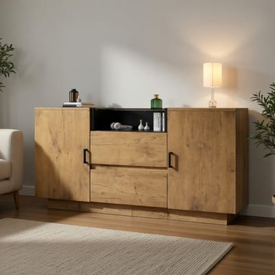 Komhtom - Commode in eikenlook - 140×40×70 cm - Met 2 lades en 2 in hoogte verstelbare kastjes - Open vak met ESG-glas en zwarte handgrepen